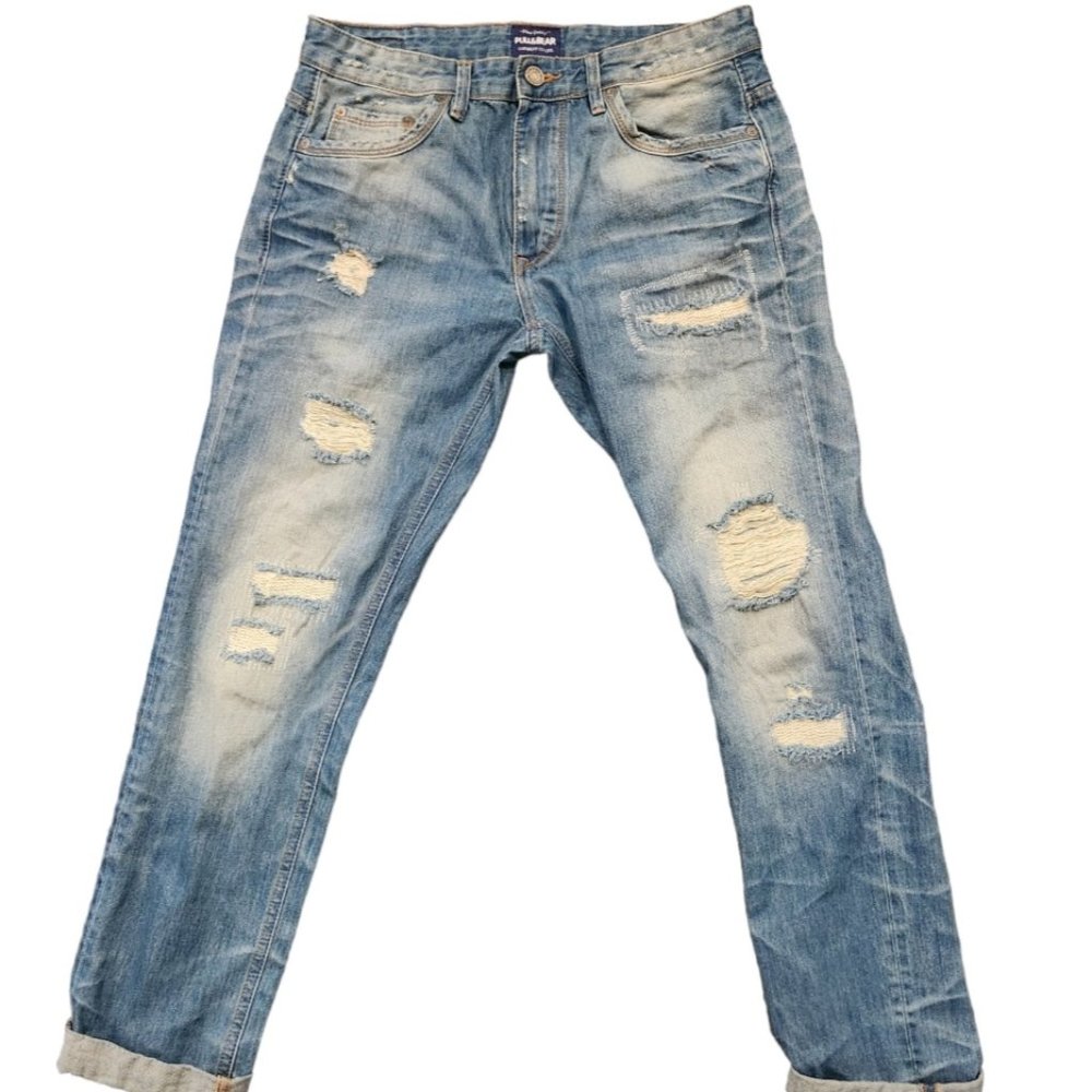 Men's Blue Distressed Jeans by Pull & Bear